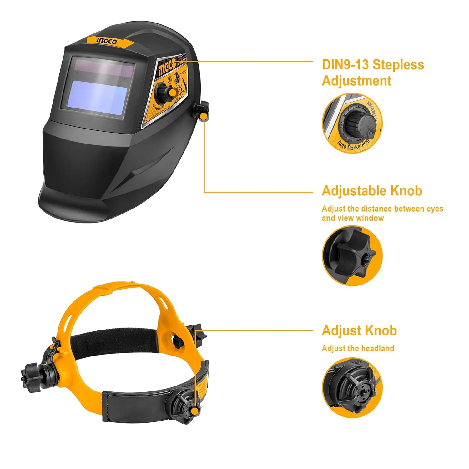 Ingco 92 x 42 mm Auto Darkening Welding helmet with on/off variable shade control switch fully automatic solar cell powered safety Hood ABS Plastic for ARC MMA MIG TIG welding.