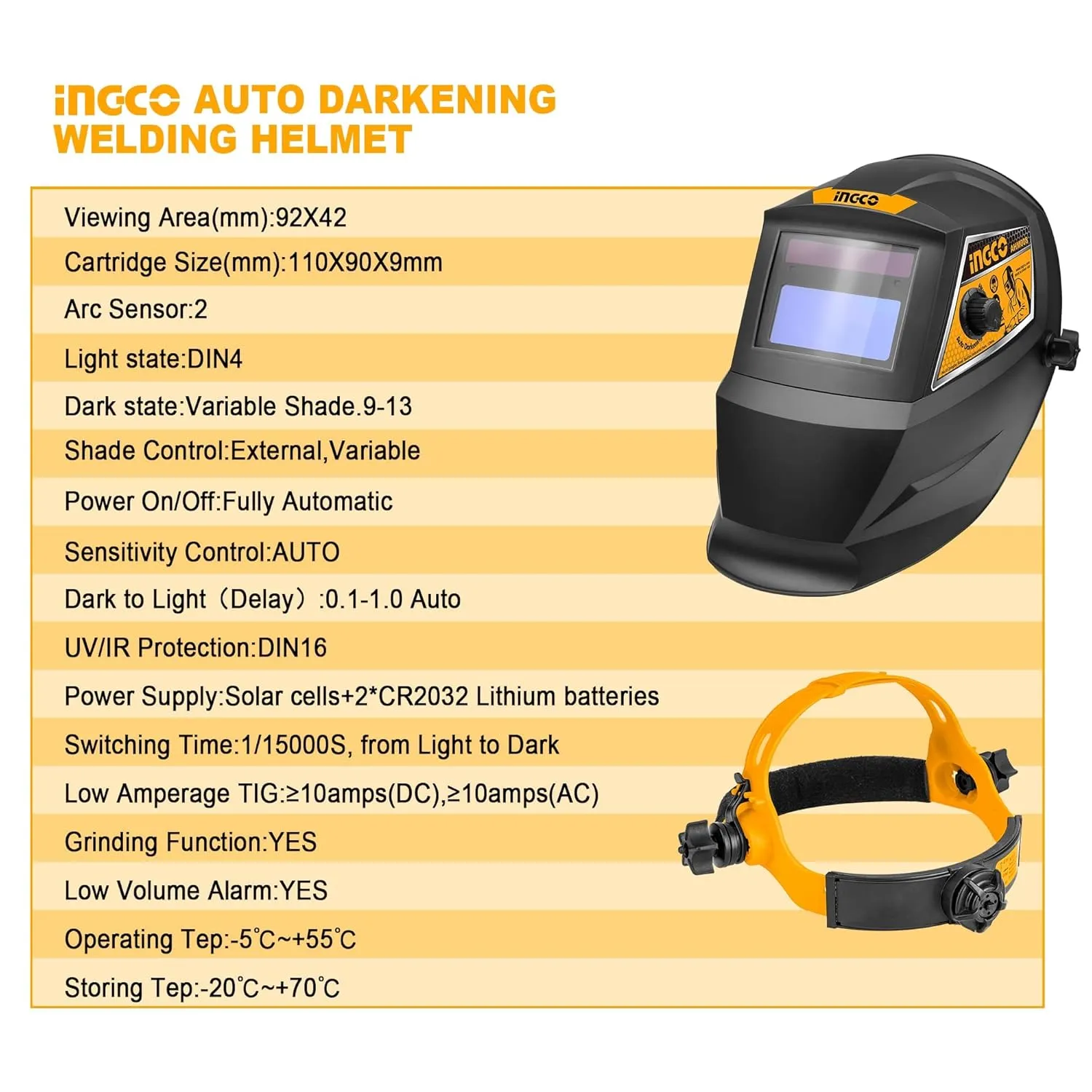 Ingco 92 x 42 mm Auto Darkening Welding helmet with on/off variable shade control switch fully automatic solar cell powered safety Hood ABS Plastic for ARC MMA MIG TIG welding.