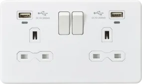 ML Knightsbridge Screwless 13A 2 Gang Switched Socket Dual USB (2.4A) with LED Charge Indicators - Matt White