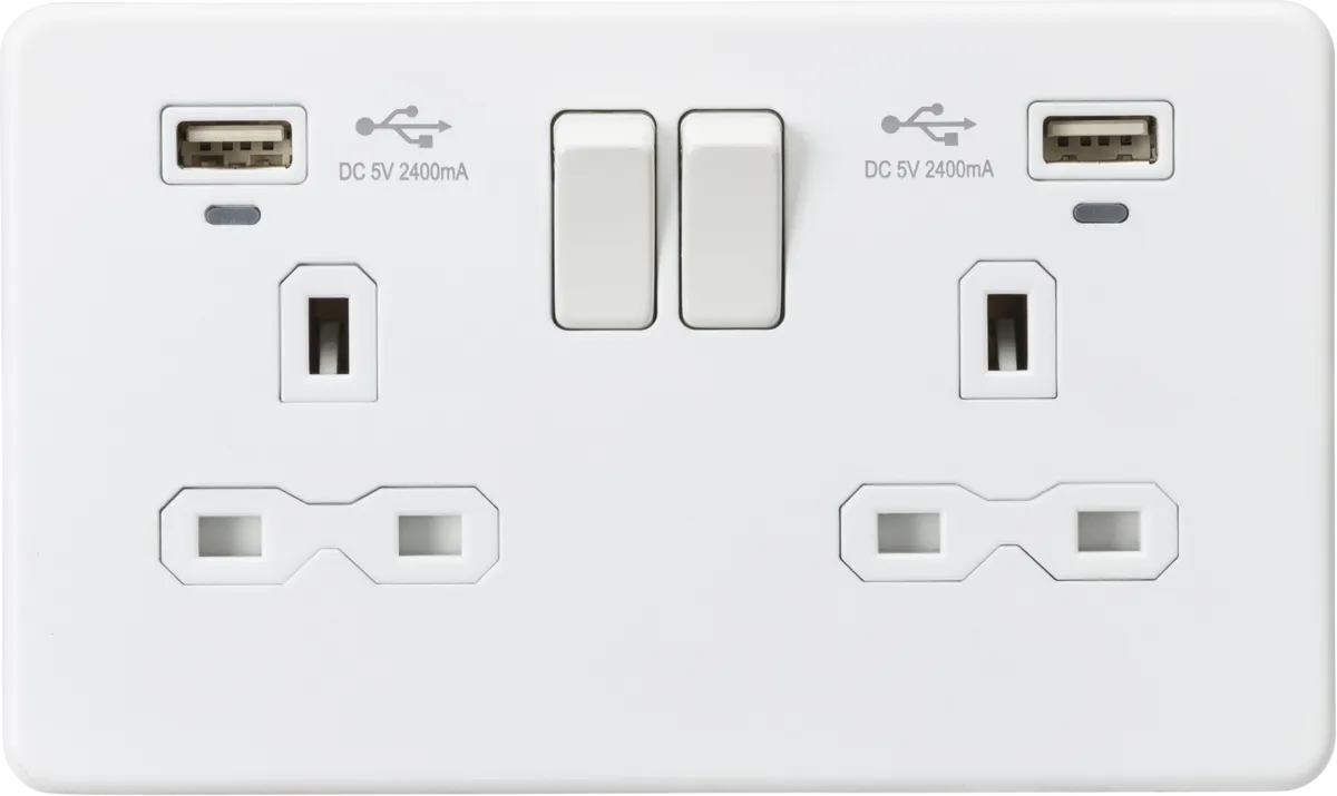 ML Knightsbridge Screwless 13A 2 Gang Switched Socket Dual USB (2.4A) with LED Charge Indicators - Matt White